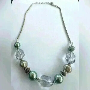 Unique Bib Necklace with Clear Glass and green and silver beads